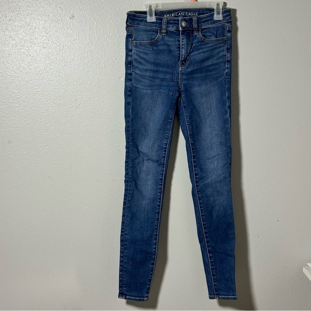American Eagle Women Blue Denim Hi-Rise Jegging Jeans Next Level Stretch size 0